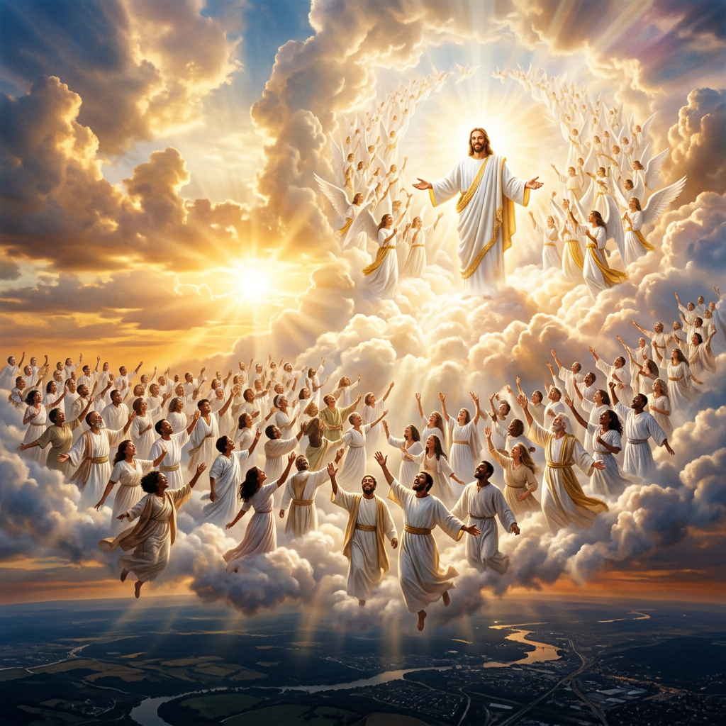 Radiant figure with outstretched arms surrounded by angels and people in white robes ascending in clouds
